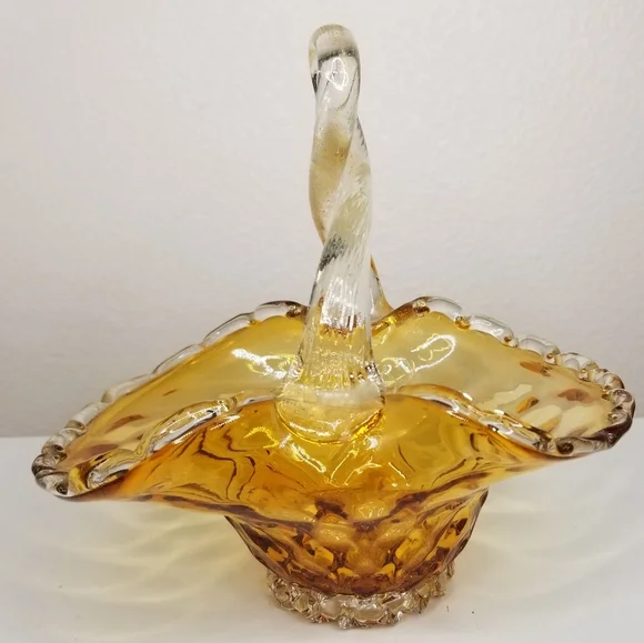 Murano Style Hand Blown Amber Glass Infused Gold Flake Loop Handle Basket - Picture 4 of 11